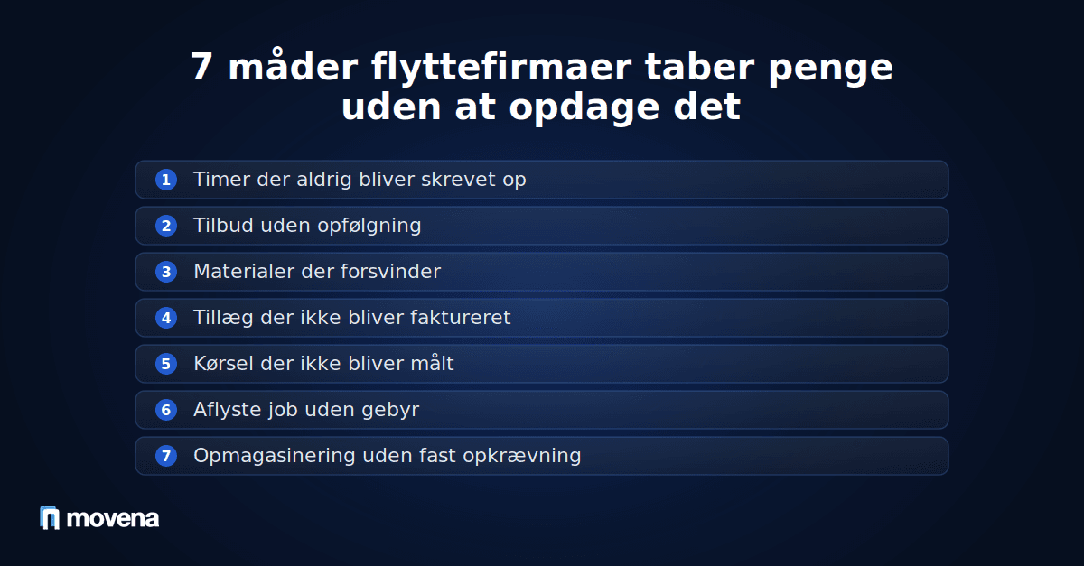 Mørk Movena-illustration af et regnskab, hvor et beløb stille siver ud, som billede på skjult tabt indtjening i et flyttefirma
