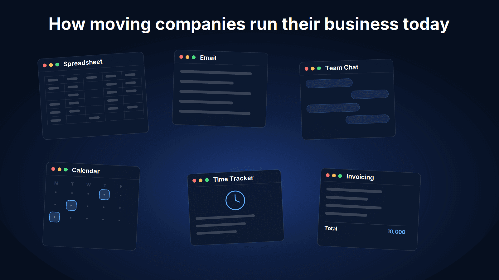 Six disconnected tools used by a moving company versus one unified system